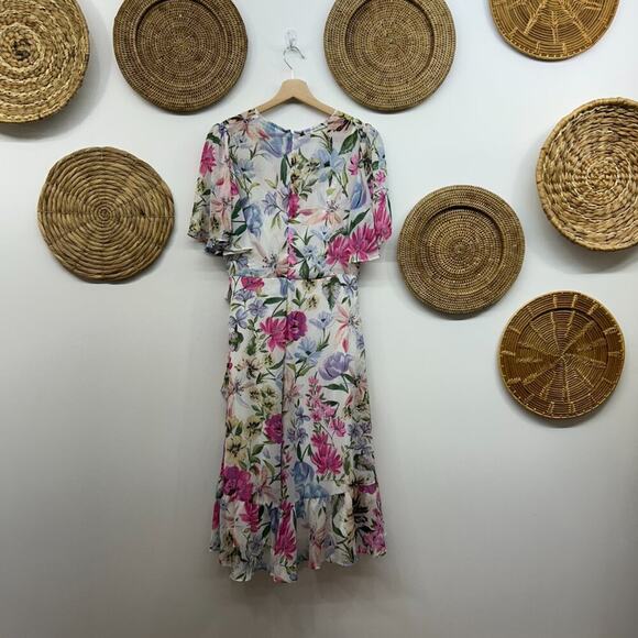 Calvin Klein White Pink Ruffle Faux Wrap Side Tie Floral Above Knee Mini Dress 8 - Picture 2 of 8